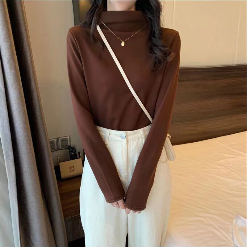 Jesienno-zimowe damskie swetry z golfem prosta wąska długa koszula 2023 modna koreańska solidna, wszechstronna bluza ze Stretch