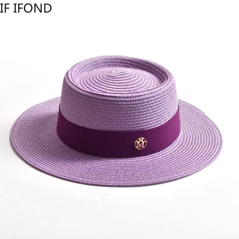 Chapéu de sol palha para mulheres, aba plana, chapéu de praia fita, boné de viagem, moda feminina, novo verão