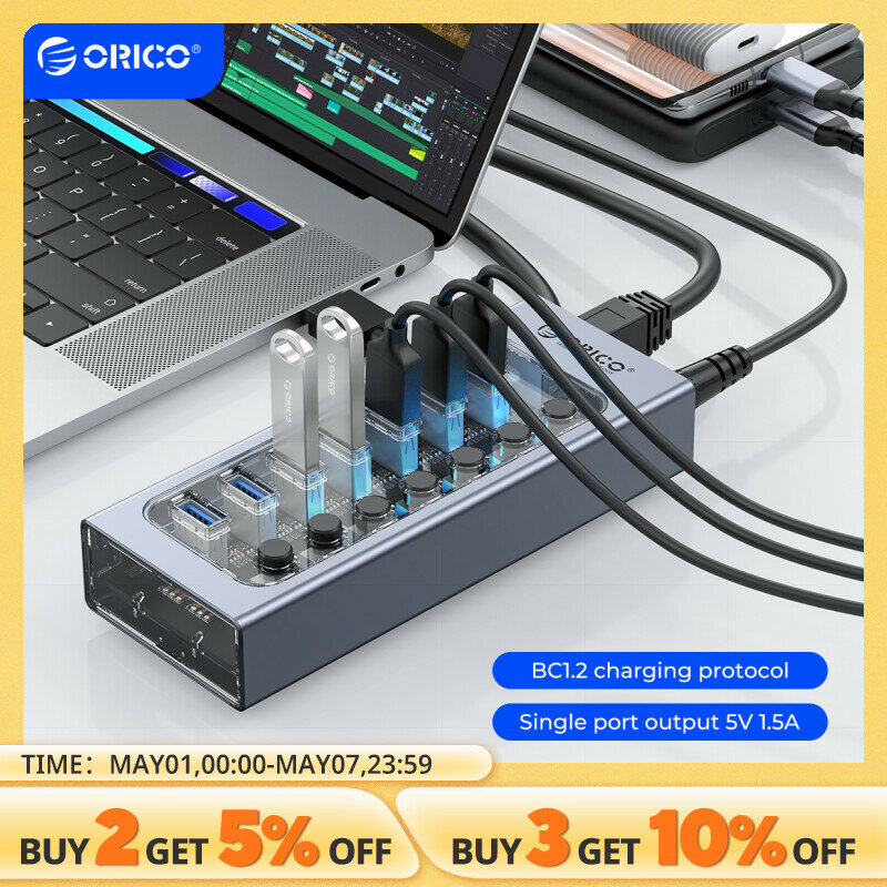 ORICO USB3.0 Hub aluminium Industrial 7-Port Splitter Switch Split dengan adaptor daya 12v untuk Macbook Tablet ponsel