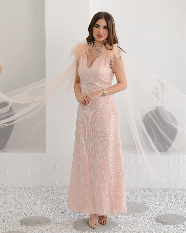 Prom Dresses Elegant V Neck Party Dress Floor Length Court Tank Feathers Sleeveless Sequins Satin Formal Evening Gowns 빅사이즈 원피스