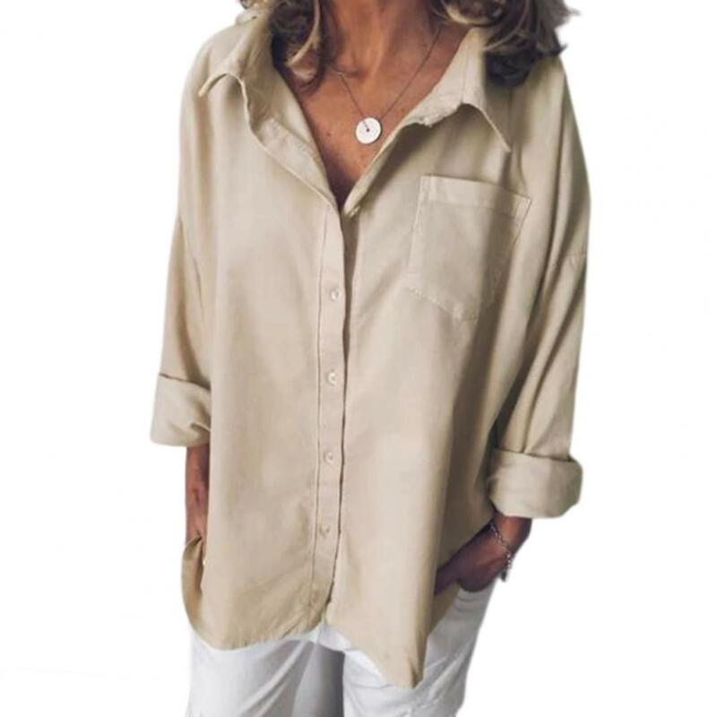 Camisa de manga longa com lapela feminina, design de peito único, monocromática, blusa casual com bolso, ajuste solto, primavera