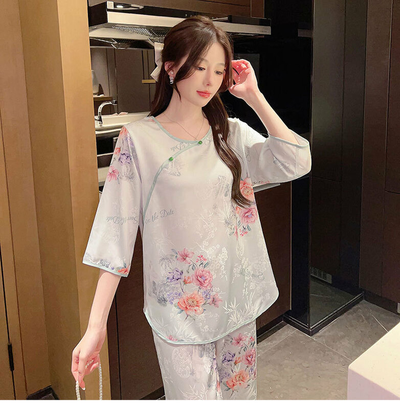 Ice injSleepwear-Ensemble de pyjama à imprimé floral pour femmes, vêtements de nuit vintage, vêtements d'intérieur coréens, printemps, automne, été