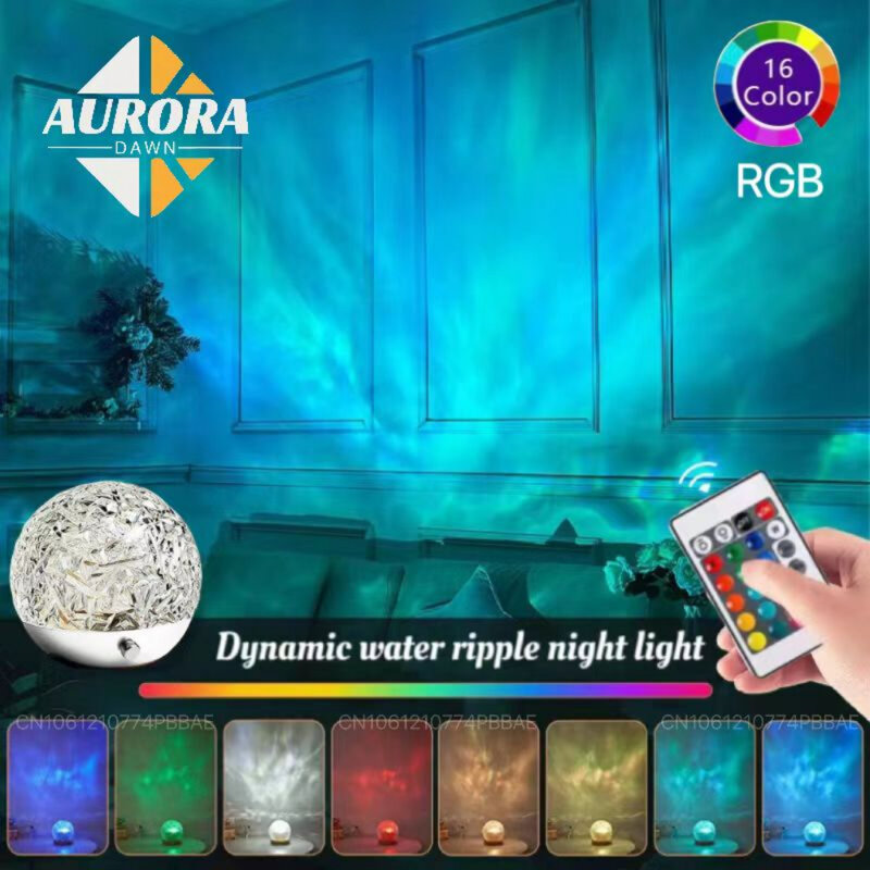 Dynamic Water Ripple Projector Night Light Crystal Lamp Decor Home Bedroom Aesthetic Atmosphere Holiday Novelty Gift Spinner Led