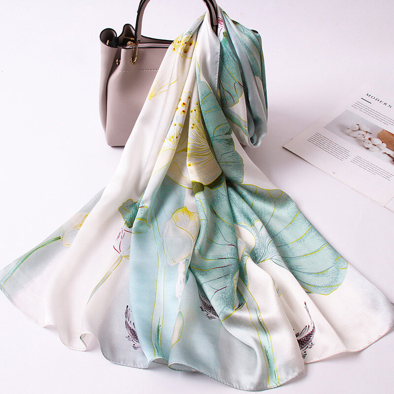 100% real lenço de seda feminino impressão seda cetim xale envoltórios macio 2023 puro natural seda longa lenço para senhoras foulard femme