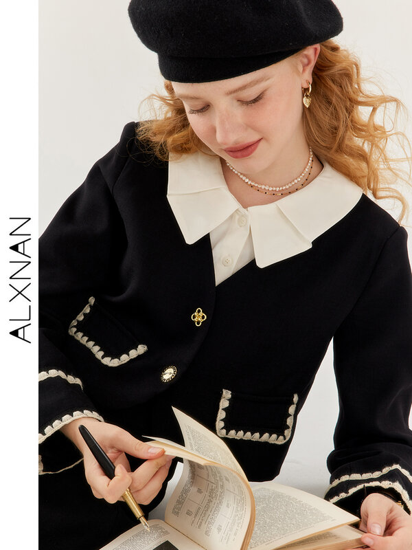 ALXNAN-Jaqueta xadrez preta Tweed e conjunto de saia Midi, casaco de luxo, linha A, roupas elegantes de escritório, novas, outono, TM00608, 2 peças