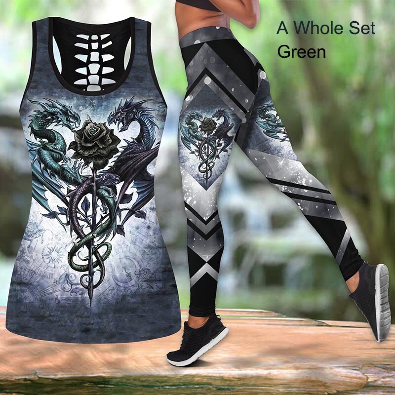 4 Styles Women's Dragon Vest Print Sleeveless Tank Top And Leggings pant sets Summer suit Plus Size Tops