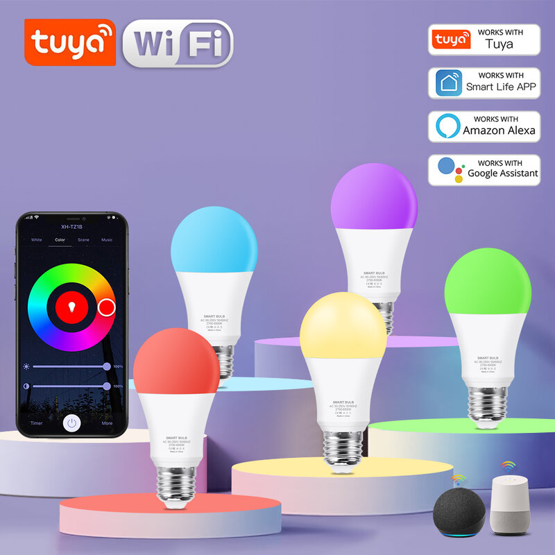 Loginovo Tuya E27 bohlam Led Wifi RGB pintar lampu Led 110V 220V Alexa lampu kehidupan pintar bohlam warna dapat diredupkan untuk Google Home
