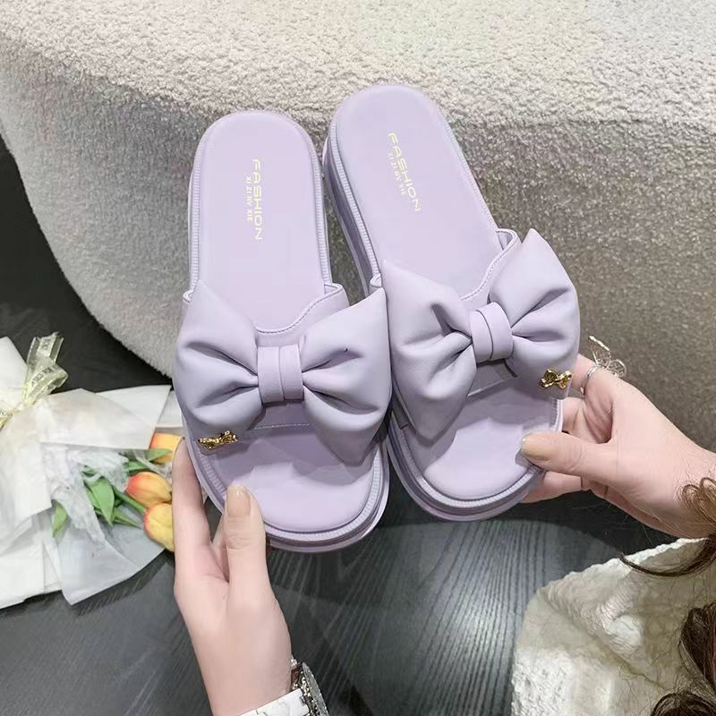 New Women's Summer One Word Wedges Slippers Free Shipping Thick Sole Non Slip Lovely Bow Home Slippers Outdoor Beach Slippers