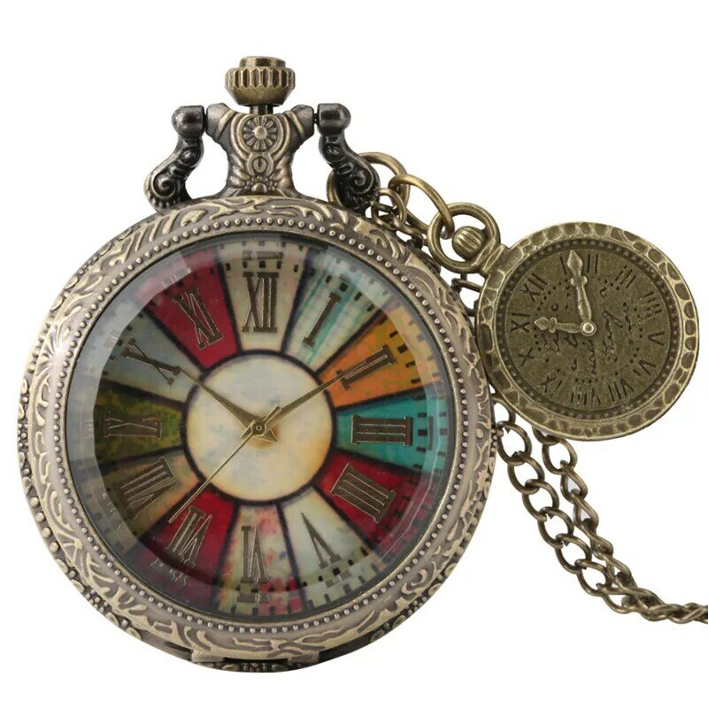 Antique Colorful Dial Watches Roman Number Display Bronze Quartz Pocket Watch for Men Women Pendant Compass with Necklace Chain