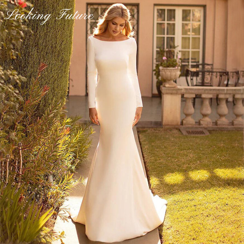 Elegante Meerjungfrau Hochzeit Kleid Satin Motorhaube zurück O-Ausschnitt Brautkleid einfache weiße lange Ärmel vestido de novia 2024 Sweep Zug