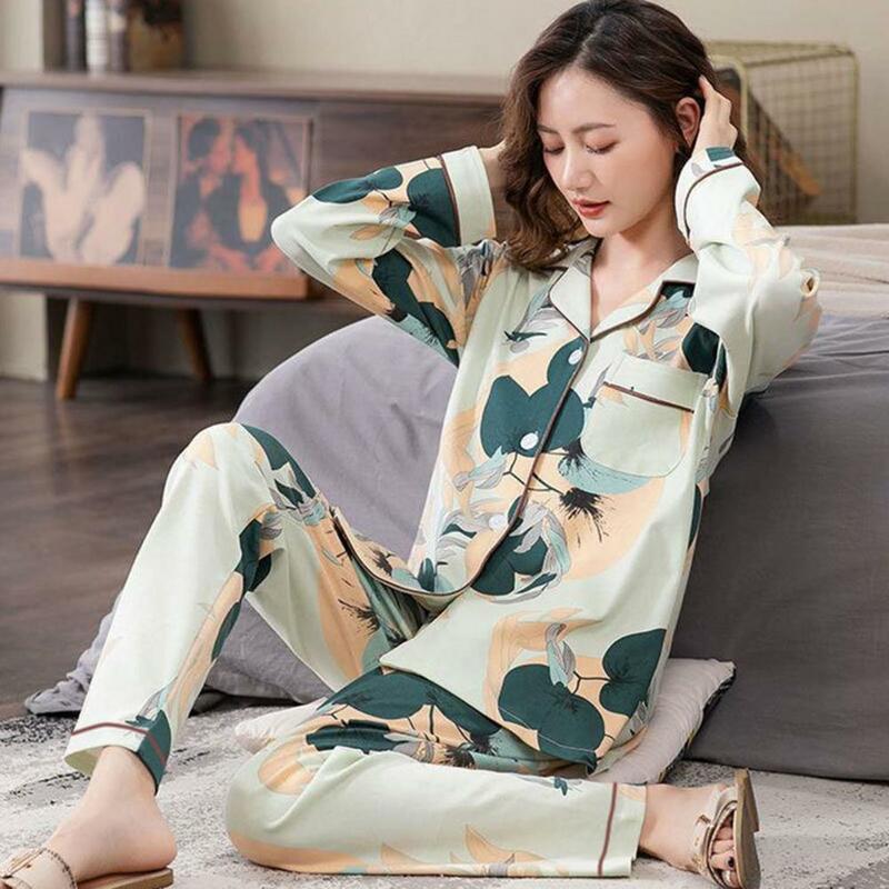 Solid-color Jacquard Top Trousers Set Stylish Women's Loungewear Set Lapel Neck Pajamas with Elastic Waist for Spring for Ladies