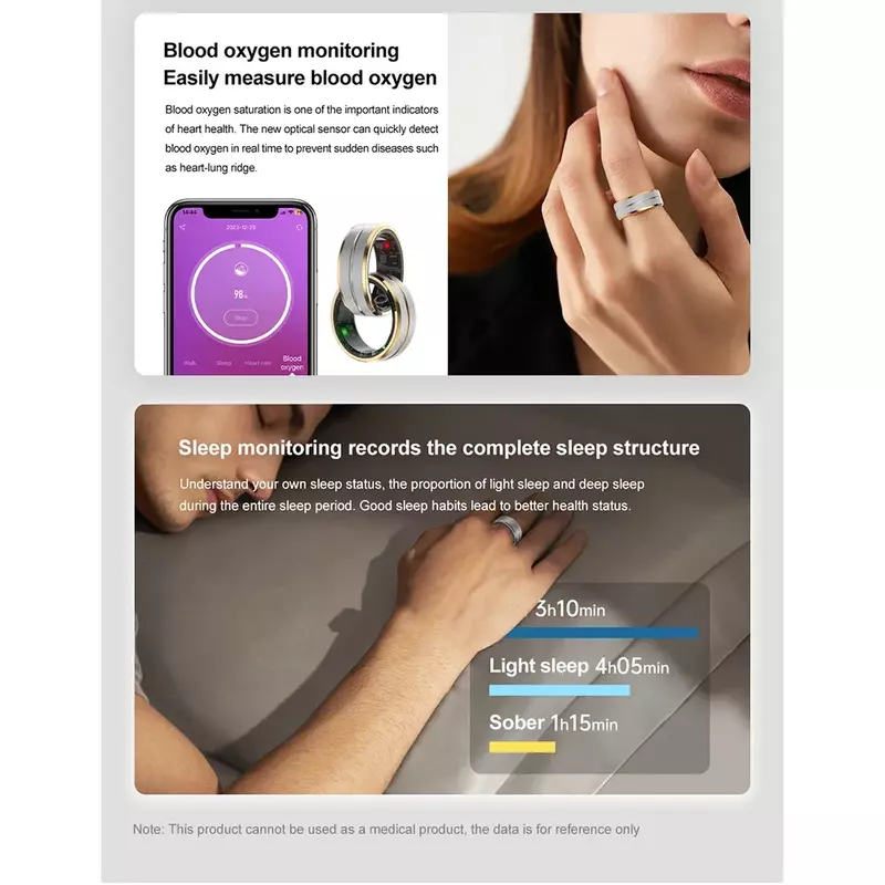 2024 Slimme Ring Hartslag Bloed Zuurstof Gezondheid Slaap Monitoring Armband App Meerdere Trainingsmodi En Functies Ip68 0.003Kg
