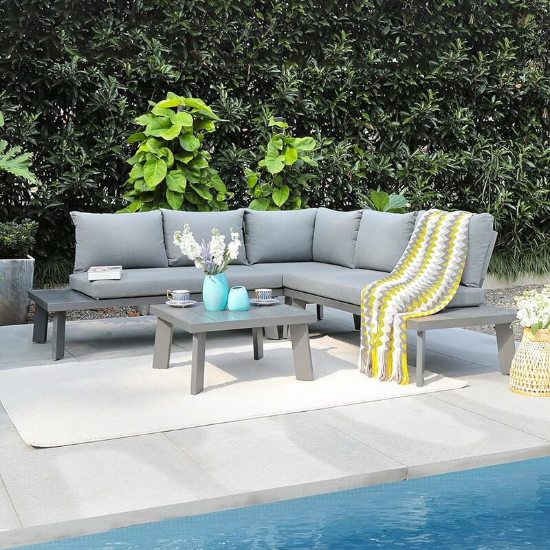4-teiliges Terrassen möbelset in L-Form aus Aluminium mit Couch tisch Allwetter-Patio-Gesprächs set