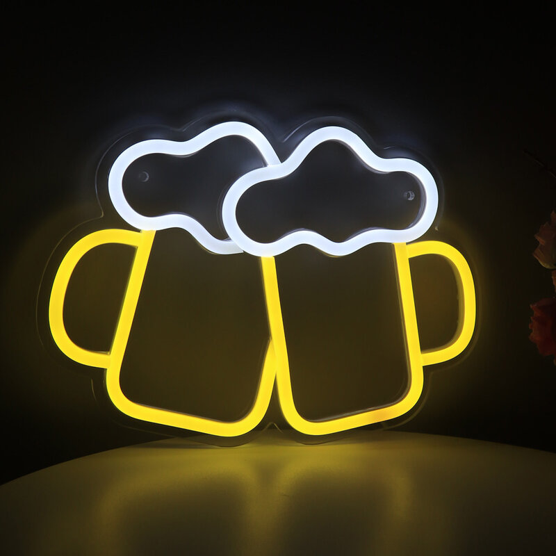 더블 맥주 컵 모양 LED 벽 네온 아트 사인 조명, 파티 인플루언서 클럽 바 주스 숍 장식, 10.2 인치 * 7.44 인치, 1 개