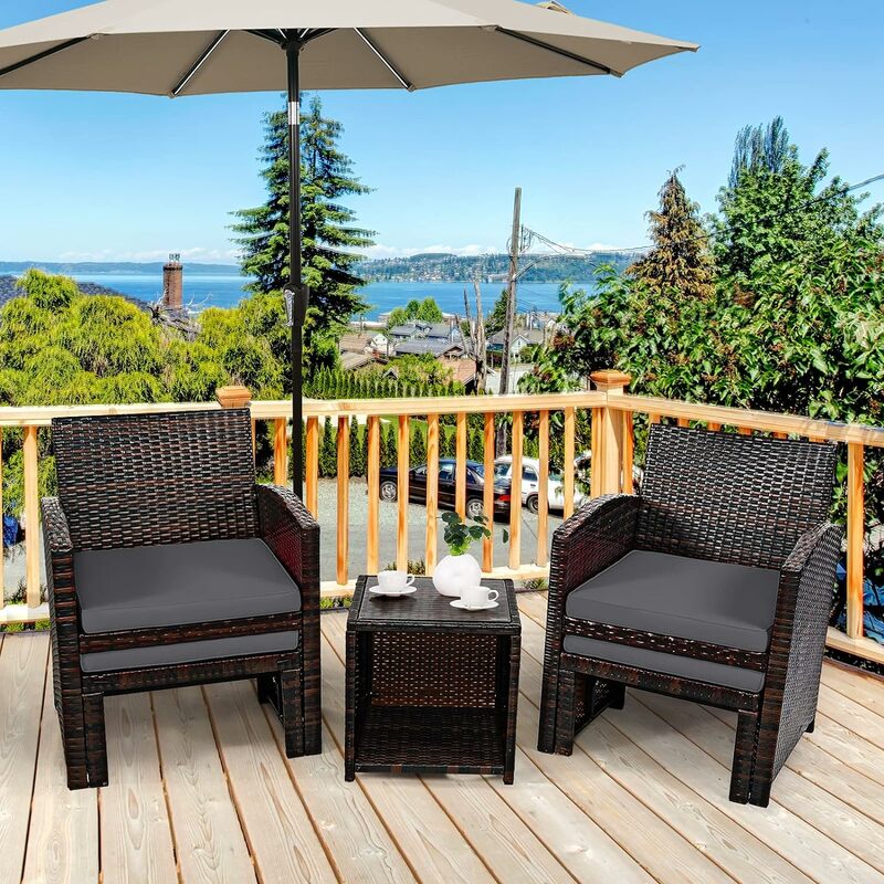 5-częściowy zestaw mebli rattanowych do patio, zestaw do rozmów na świeżym powietrzu z wyściełanym krzesłem, otomana i stolikiem kawowym ze szkła hartowanego