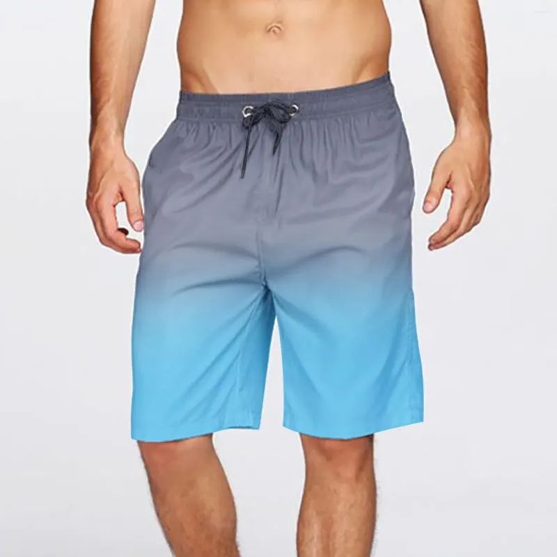 Calça de banho de cintura elástica masculina, calção de praia, bolso com renda, gradiente, quente, primavera, verão