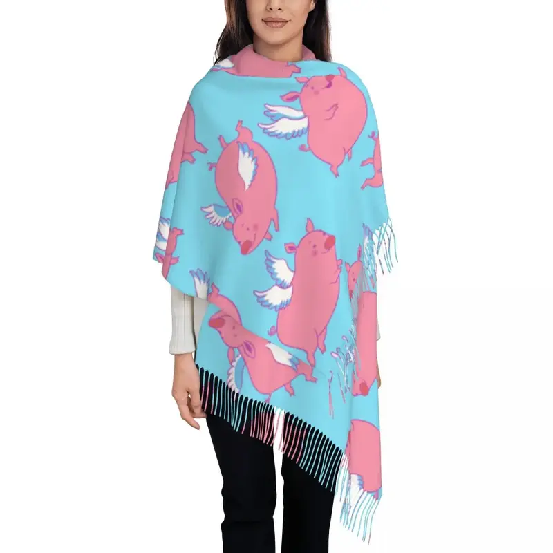 Cute Flying Winged Piglets Women's Tassel Shawl Scarf Fashion 