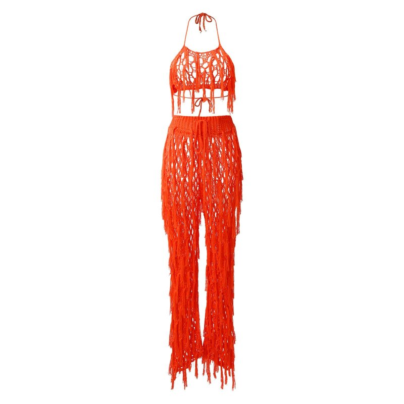 Hollow Out Hand Crochet Tassel 2 Piece Sets Women Sexy Summer Beach Suits Lace Up Bra Top Straight Pants Holiday Knitted Outfits