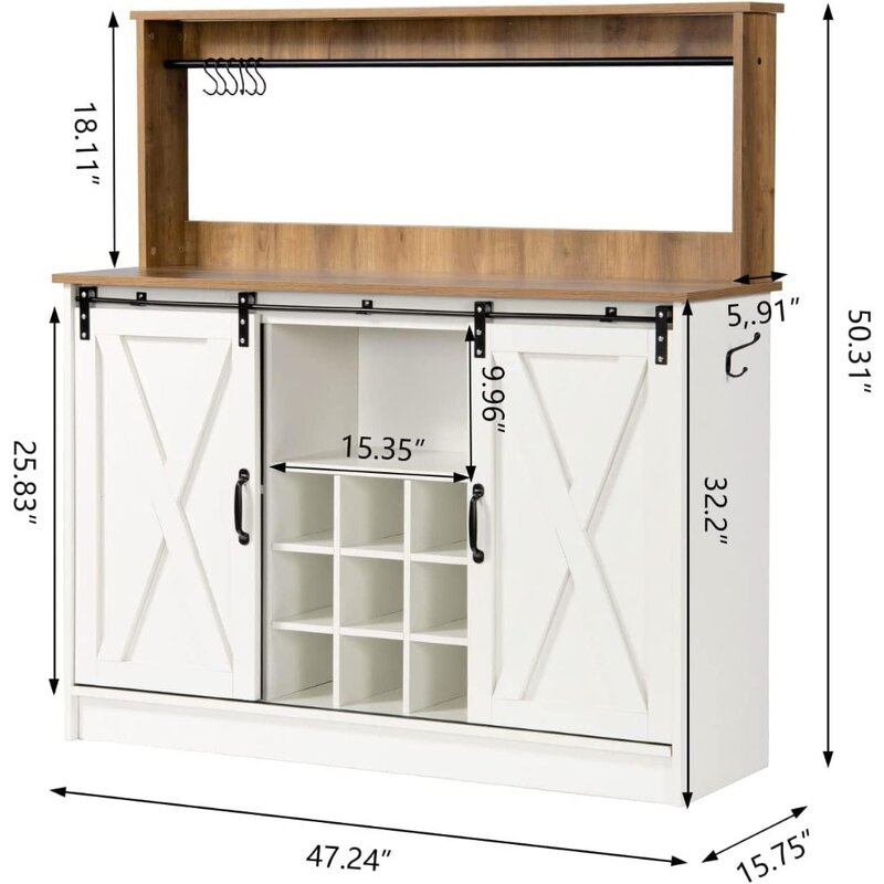 4ever2buy-Armoire à café de ferme avec 9 casiers à vin et 6 crochets, armoire de café blanc avec armoire, armoire de planche de cuisine
