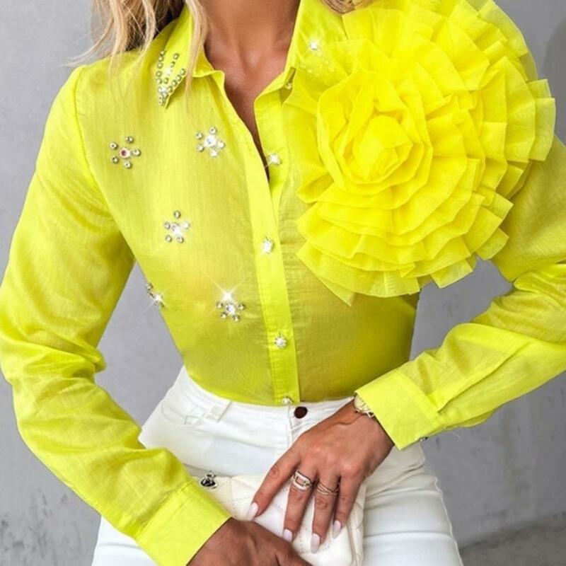 Three-dimensional Flower Shirt Elegant Lapel Long Sleeve Women's Shirt with Rhinestone Decor Three-dimensional Flowers for Women
