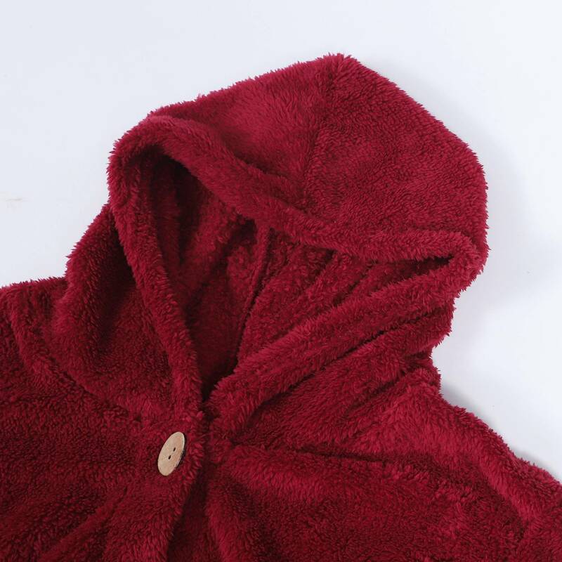 Cappotto da donna Oversize bottone in peluche top Cardigan allentato con cappuccio Outwear giacca invernale, vino rosso XXL