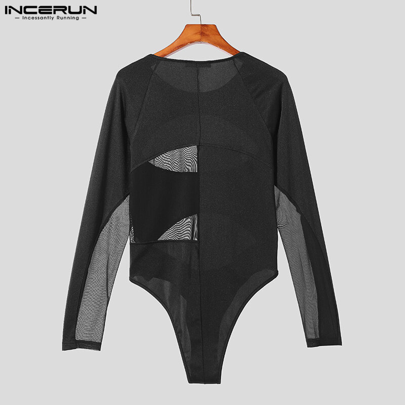 INCERUN 2023 Sexy Style Men's Homewear Mesh Splicing See-through Jumpsuits Casual Stylish Triangle Long Sleeved Bodysuits S-3XL
