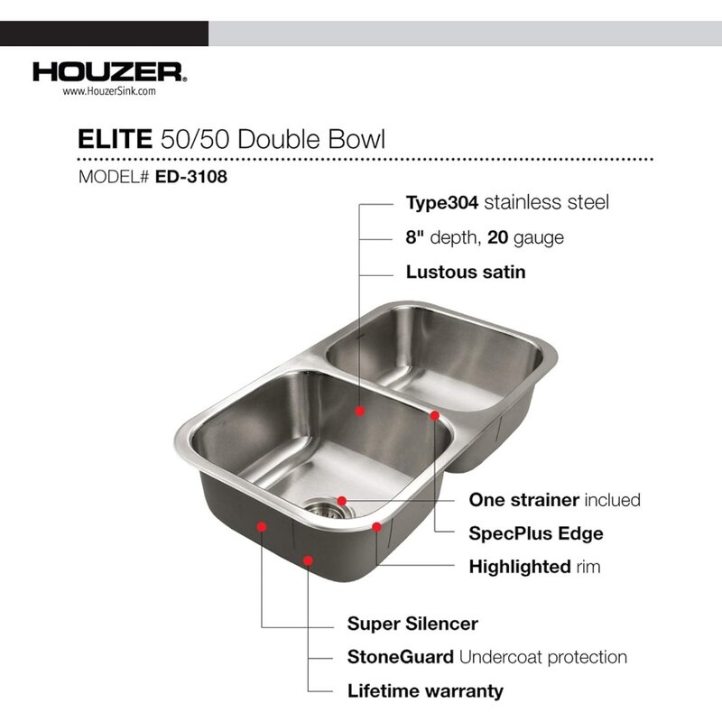 HOUZER-Pia de cozinha em aço inoxidável, Undermount, Bowl duplo, Série Elite, ED-3108-1, 50, 50, Bowl duplo