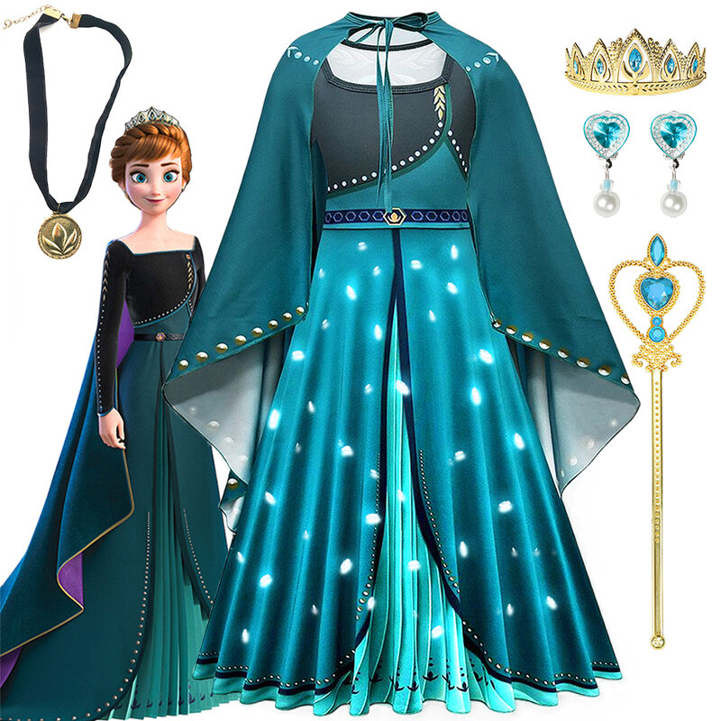 Disney Frozen 2 Anna Princess Coronation Traje Vestido com Capa, Light Up Outfits, Dia das Bruxas, Festa de Aniversário, Meninas