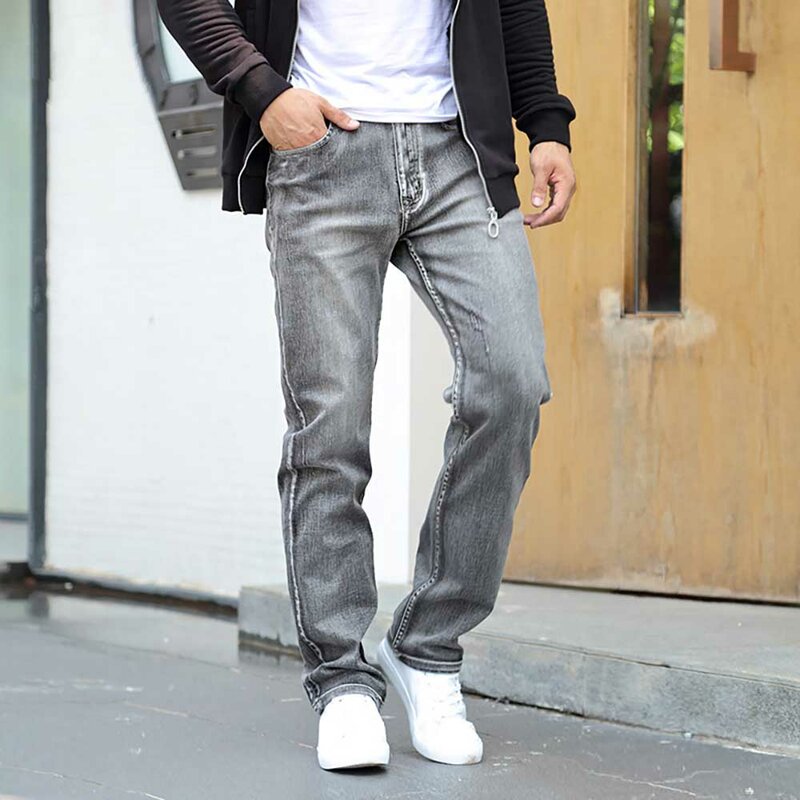 Autumn Winter Retro Gray Denim Pants Men's Casual Jeans Loose Baggy Trousers Streetwear Classic Clothing