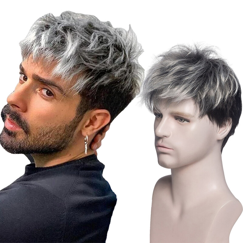 Men Short Wig Handsome Male Daily Costume Wig Synthetic Full Wigs Black Mix Grey Hair Replacement Wig
