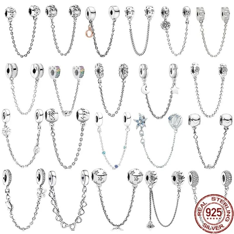 925 Sterling Silver Bracelet for Women, Safety Chain, Heart and Star Charms, Family Tree Beads, Pandora Original, Cadeia de Segurança, Jóias