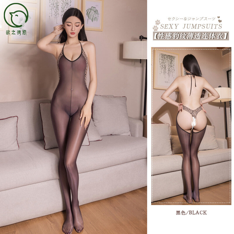 Glossy Backless Sexy Lingerie Jumpsuit with Leopard Straps Tight Bodysuit Women Sleeveless Skinny Playsuit