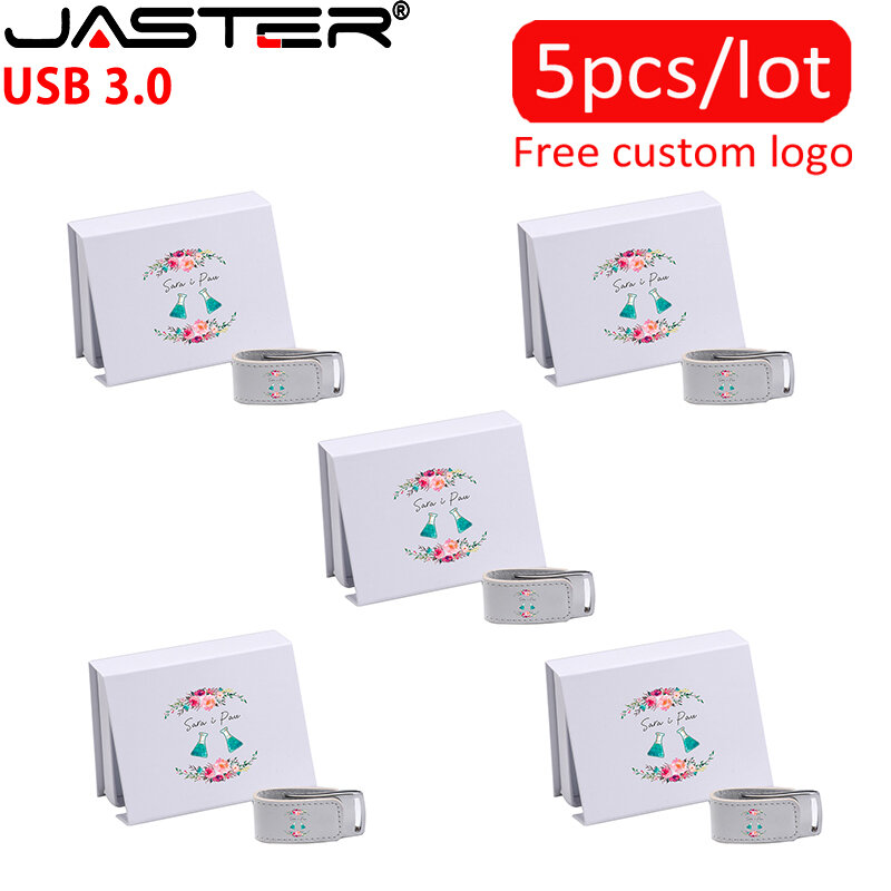 JASTER-Clé USB 3.0 en cuir blanc avec logo personnalisé gratuit, clé USB, disque U pour ordinateur portable, 128 Go, 64 Go, 32 Go, 16 Go, 5 pièces par unité