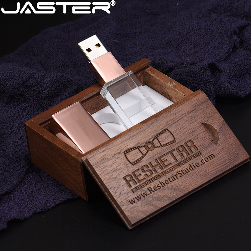 JASTER ไม้กล่อง USB แฟลชไดร์ฟคริสตัลปากกาไดรฟ์โลโก้ที่กำหนดเองหน่วยความจำ128GB 16GB 32GB 64GB Creative งานแต่งงาน...