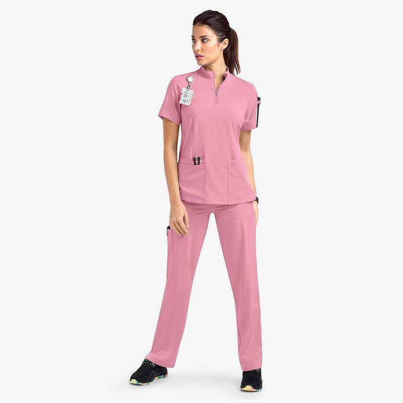 Nuove donne infermiere Casual abbigliamento a maniche corte Top farmacia lavoro medico ospedale medico infermieristica uniforme Stand-up collare cerniera