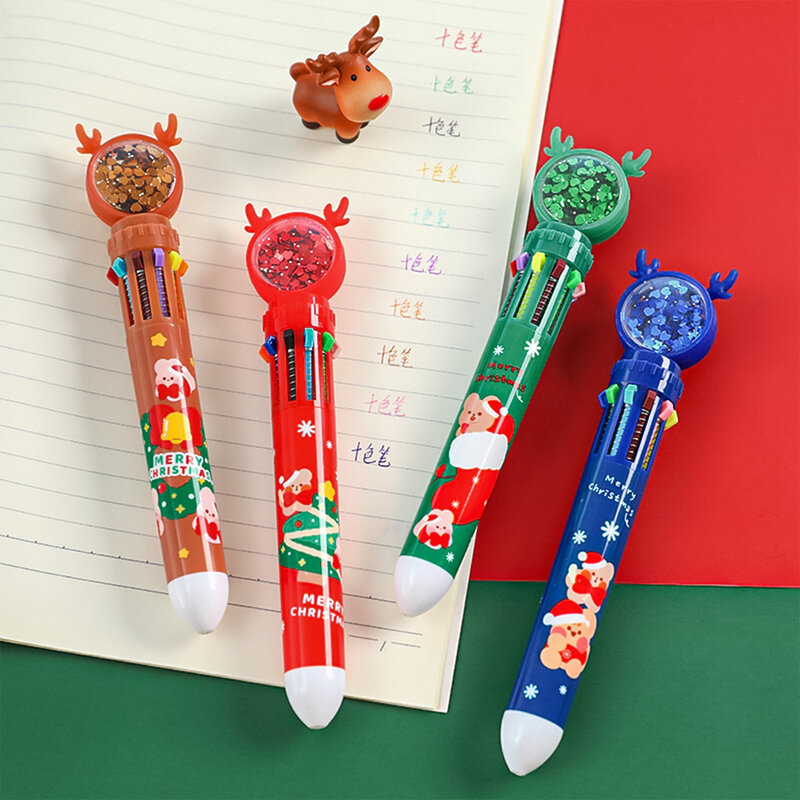 ปากกาลูกลื่นกระบอกลายการ์ตูนคริสต์มาสปากกาหลากสี10-in-1ทนทานสำหรับโรงเรียนสำนักงานนักเรียน