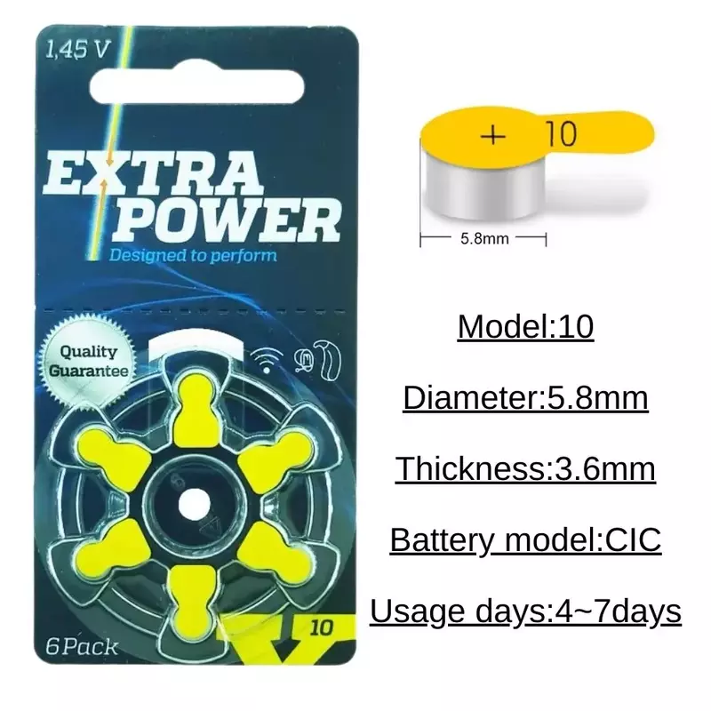 Scatola di batterie per apparecchi acustici Extra Power dimensioni 10 A10 10A 1.45V giallo PR70 zinco aria (60 celle della batteria)