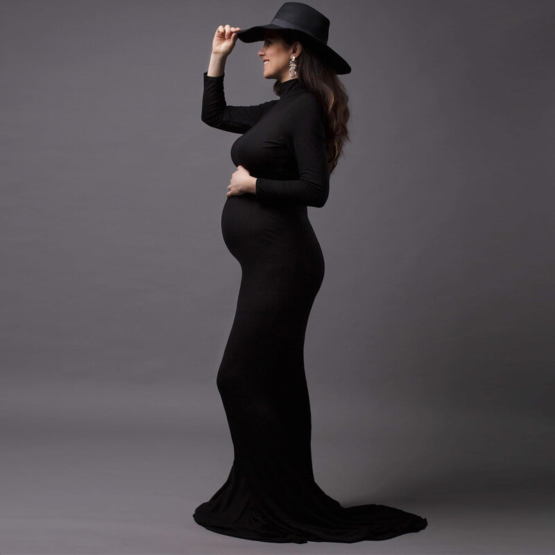 출산 사진 가운 섹시 패션 블랙 스트레치 코튼 바닥 길이 드레스, 베이비 샤워, 임신 사진 촬영 의상