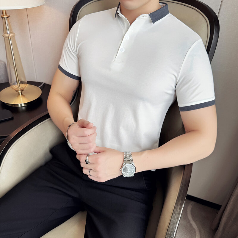 Camisa polo casual slim fit perfeita masculina, lapela elástica alta, fina cor sólida, blusa de manga curta, moda City Golf, verão, 2024