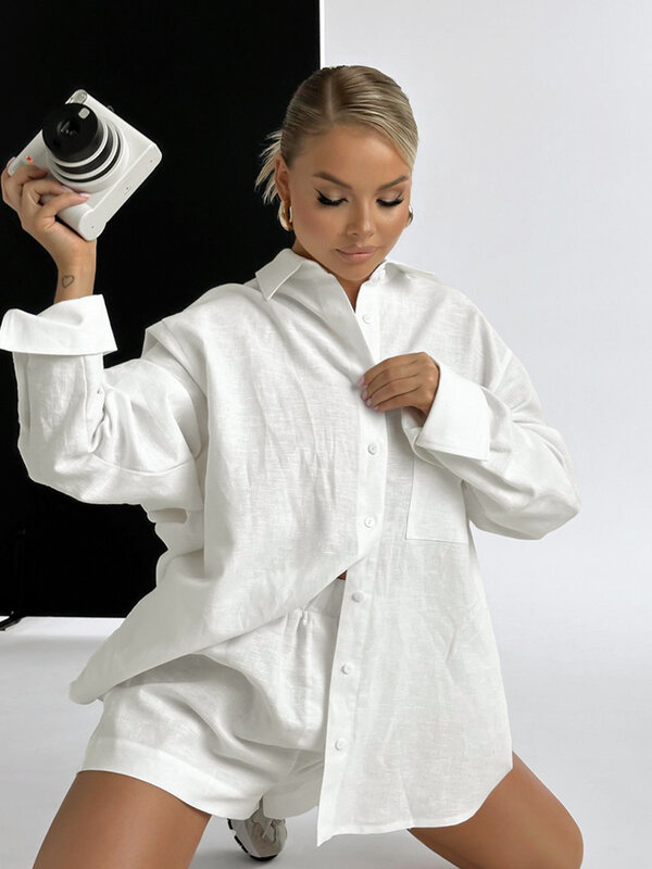 Marthaqiqi-Conjunto de ropa de dormir holgada para mujer, camisones de cuello vuelto, pantalones cortos de manga larga, traje de pijama informal para mujer, otoño