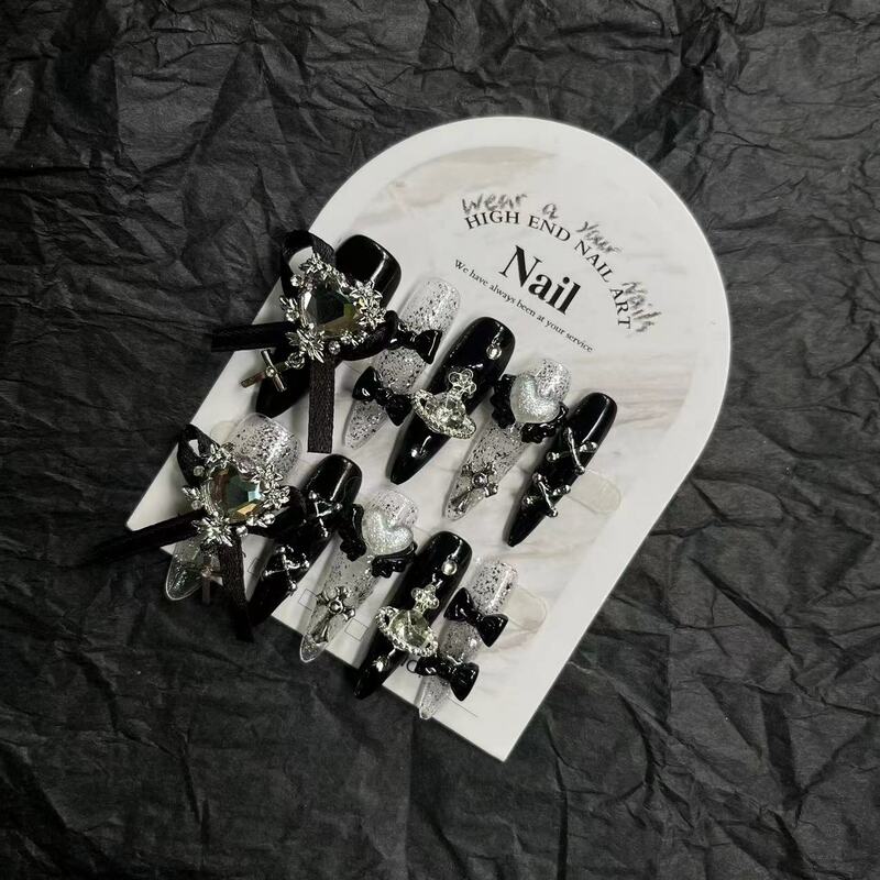 10 pezzi fatti a mano y2k Black Press on Nails Wear Nail Dark Spicy Girl Patch Design Black Nail Art unghie finte punte lunghe per unghie acriliche