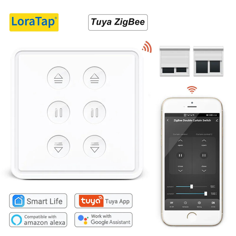 LoraTap Tuya ZigBee 3.0 ue podwójny przełącznik kurtyny do silnika rurowego Google Home Alexa sterowanie głosem praca z Zigbee2MQTT DIY