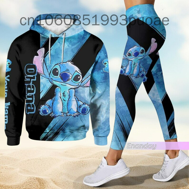 Disney-Calça e moletom feminino com capuz 3D Stitch Yoga, terno esportivo de moda, novo, 2023