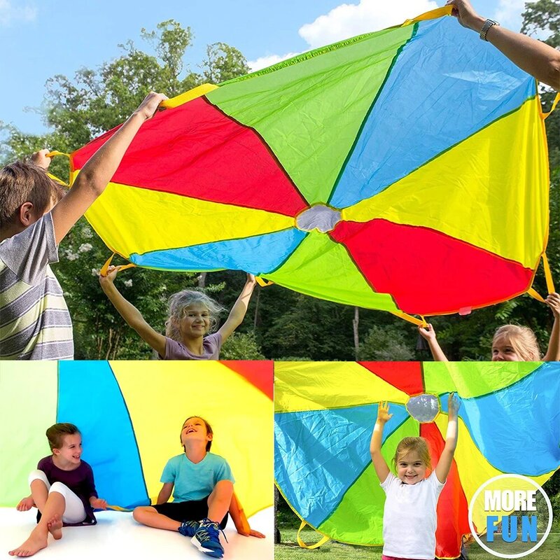 Paracadute da gioco all'aperto con manici gioco di squadra ombrello impermeabile addestramento allo sviluppo di giocattoli per bambini paracadute arcobaleno