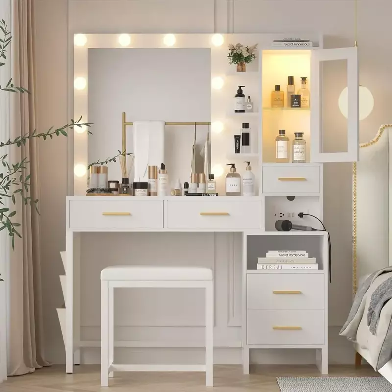 Organizador de tocador de maquillaje, escritorio con espejo y luces, muebles de dormitorio, 5 cajones y bolsa de almacenamiento