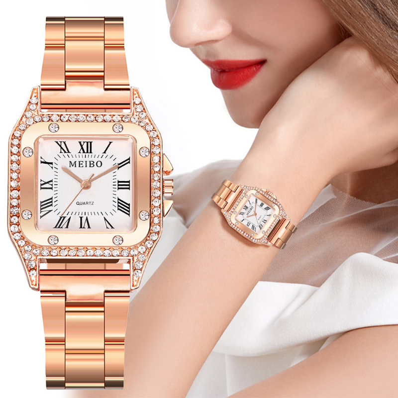 Reloj cuadrado a la moda para Mujer, relojes de pulsera de cuarzo de oro rosa de lujo con banda de acero inoxidable, Bayan Kol Saati