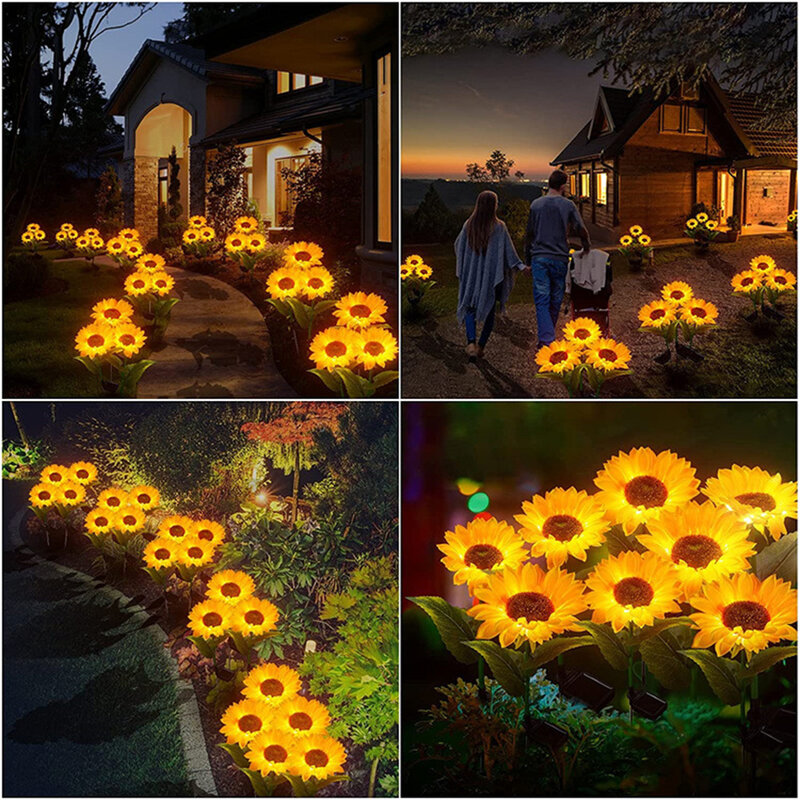 Luces LED solares de simulación de girasol para jardín, luces nocturnas para césped, lámpara de paisaje, luces de flores decorativas para el hogar, 1/3/5 cabezales