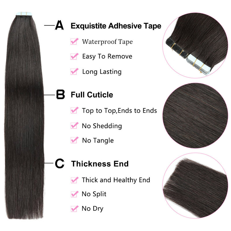 女性のための自然な黒のシームレスなヘアエクステンション、ヘアエクステンションのテープ、目に見えない人間の髪の毛、 # 1b