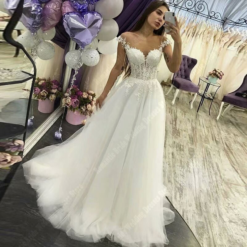 Gaun pernikahan wanita A-Line 2024 indah gaun pengantin renda applique seksi gaun pengantin panjang pel putri tanpa lengan Vestido De Novia
