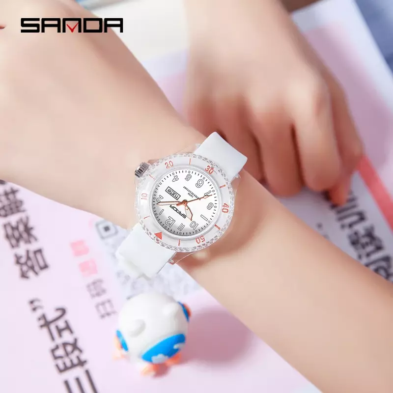 Sanda 브랜드 전자 쿼츠 시계, 야외 방수 심플 달력 투명 케이스, 어린이 9062 인기 쿼츠 시계
